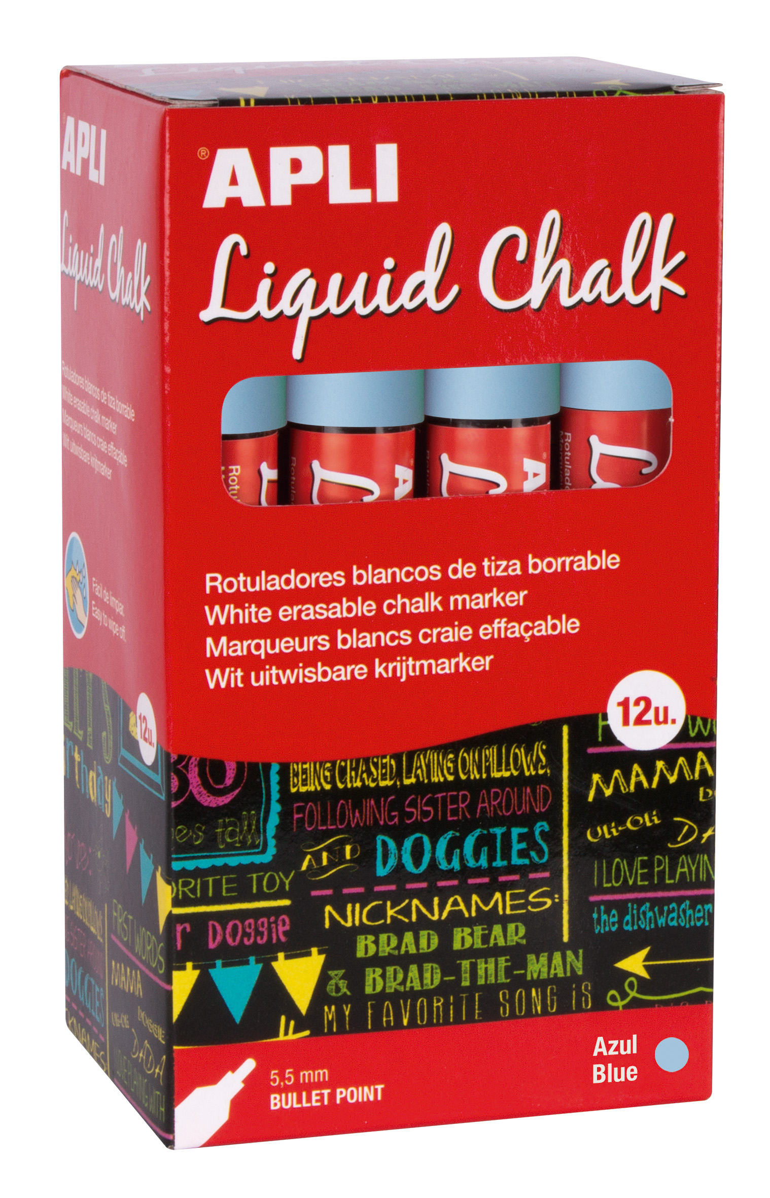 Marqueur à craie liquide Apli Blue - Pointe ronde - Idéal pour les tableaux noirs, le plastique, les fenêtres, la céramique, le vinyle, le métal, etc. - Facile à effacer - Séchage rapide - Utilisation simple - À base d'eau non toxique