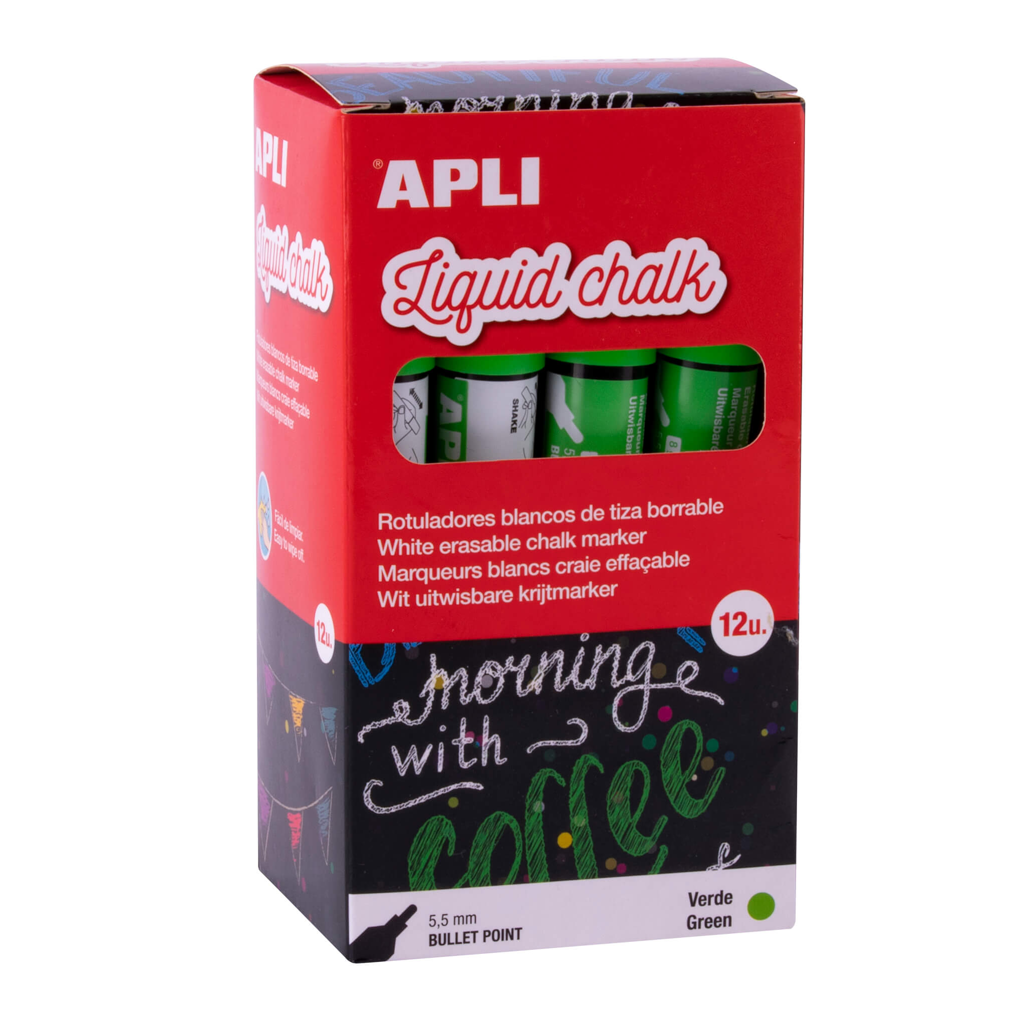 Marqueur à craie liquide Apli Green - Pointe ronde - Idéal pour les tableaux noirs, le plastique, les fenêtres, la céramique, le vinyle, le métal, etc. - Facile à effacer - Séchage rapide - Utilisation simple - À base d'eau non toxique