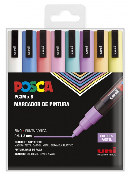 Marqueur peinture Posca PC-3M/8C - Pointe conique 0,9-1,3 mm - Encre à base d'eau - Non permanent - Résistant à la lumière - Inodore - Couleurs assorties