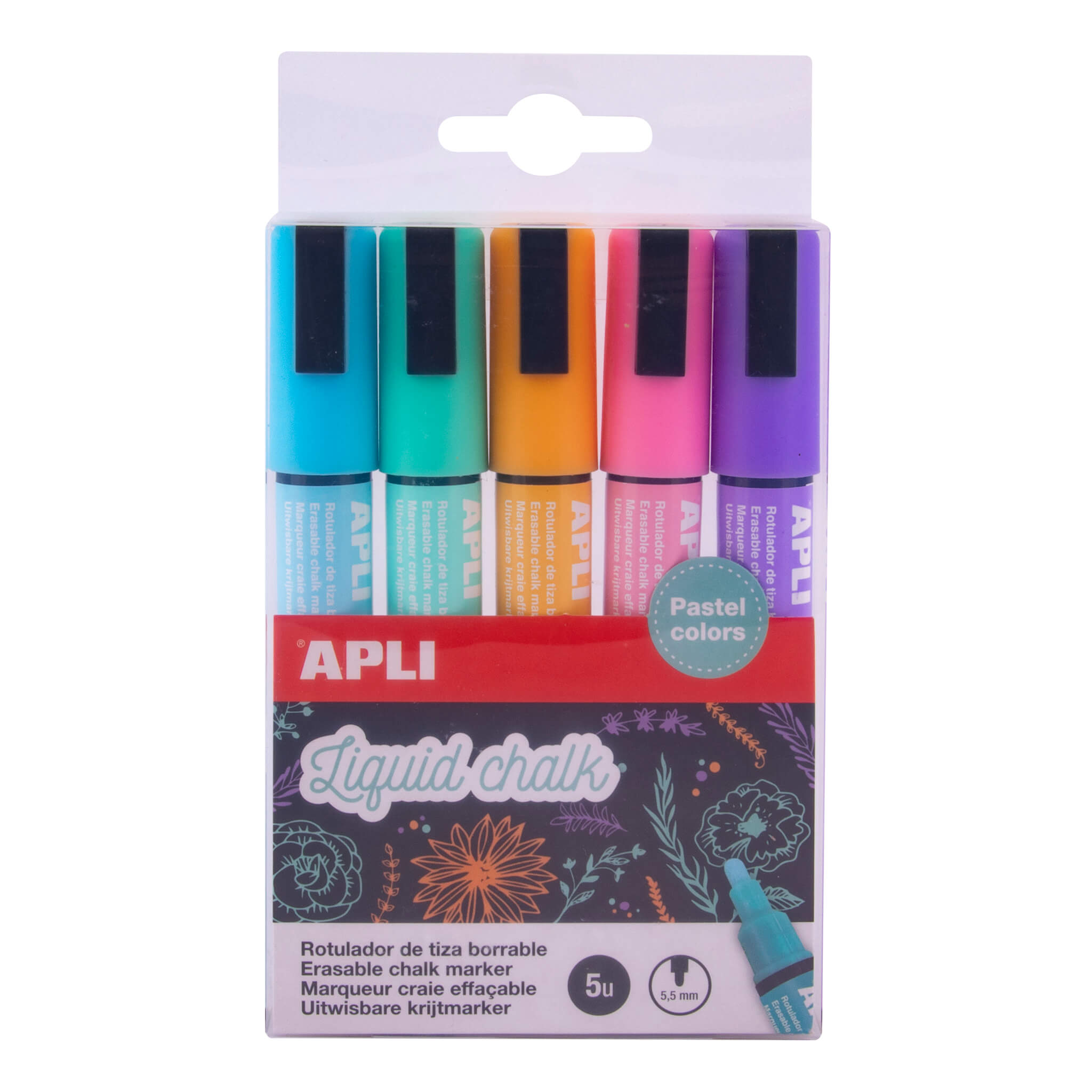 Marqueurs à craie liquide Apli - Pointe ronde de 5,5 mm - Couleurs de terre pastel - Idéal pour les tableaux noirs et les surfaces non poreuses - Facile à effacer - Séchage rapide et utilisation facile - À base d'eau non toxique