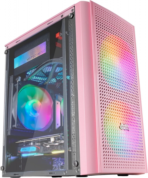 Mars Gaming MC300 Boîtier Gaming Compact - Fenêtre en Verre Trempé - 3 Ventilateurs FRGB - Grille Avant TOTAL-MESH - Support Micro-ATX/Mini-ITX - Éclairage RGB - Couleur Rose