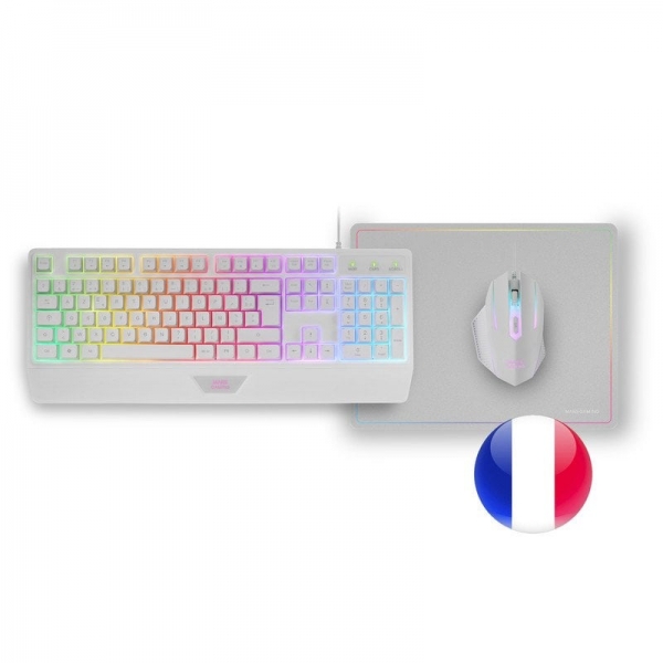 Mars Gaming MCP124 Combo Gaming 3in1 - Clavier H-Mech RGB - Souris Optique HUANO - Tapis Nanotextile Arc-en-Ciel - Compatibilité Multiplateforme - Couleur Blanc