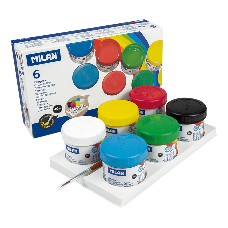 Milan Lot de 6 Pots à Tempera 40 ml + 1 Pinceau Série 101 - Séchage Rapide - Miscible - Couleurs Assorties