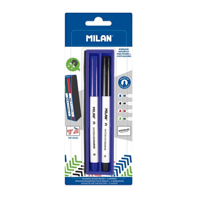 Milan Lot de gomme magnétique + 4 marqueurs pour tableau blanc - pointe ronde 3,7 mm - effaçable à sec - encre à base d'alcool