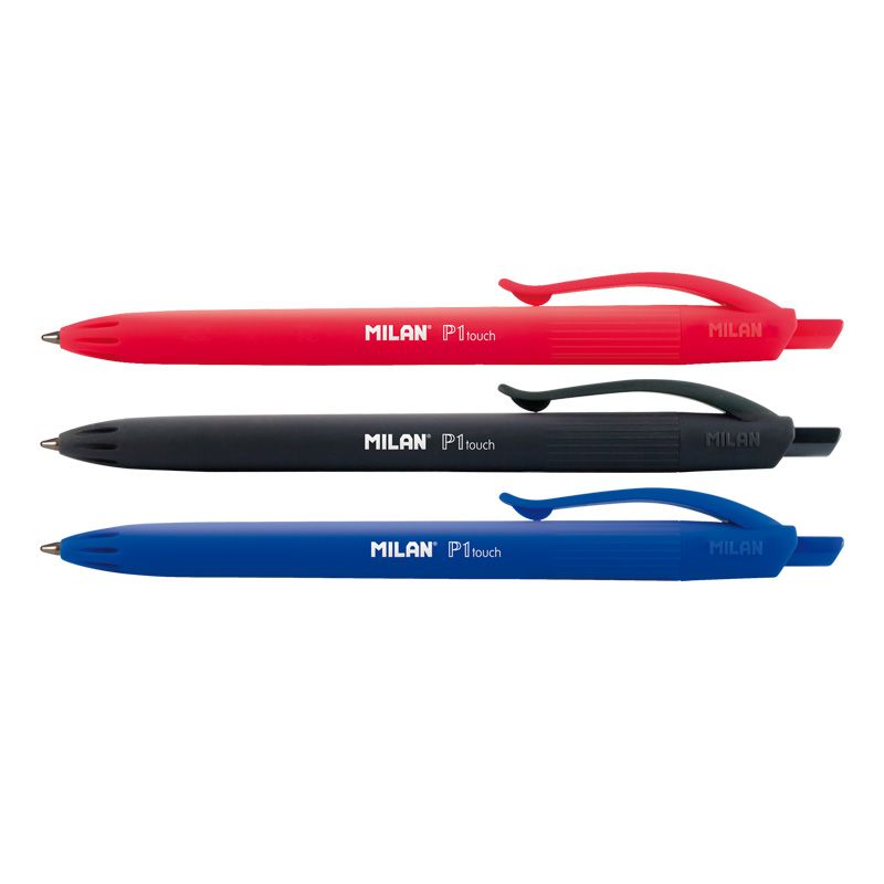 Milan P1 Touch Lot de 4 Stylos Bille Rétractables - Pointe Ronde 1 mm - Encre à base d'Huile - Écriture fluide - 1 200 m d'écriture - Couleur Bleu x2, Noir et Rouge