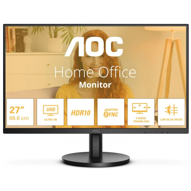 Moniteur AOC 27" LED VA UltraHD 4K 60 Hz - Réponse 4 ms - Angle de vision 178° - Haut-parleurs intégrés - HDMI, Audio - Support VESA 100x100