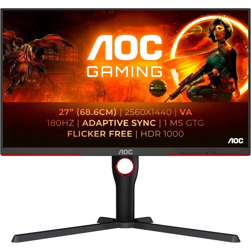 Moniteur AOC G3 27" Mini LED VA QHD HDR1000 180 Hz - Réponse 1 ms - Hauteur réglable, rotation et inclinaison - Angle de vision 178° - HDMI, DisplayPort, Audio - Support VESA 100x100