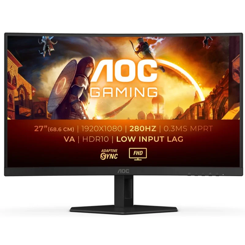 Moniteur AOC G4 27" Incurvé 1500R LED Fast Va FullHD 280 Hz HDR10 - Réponse 1 ms - Angle de vision 178° - HDMI, DisplayPort, Audio - Montage VESA 100x100