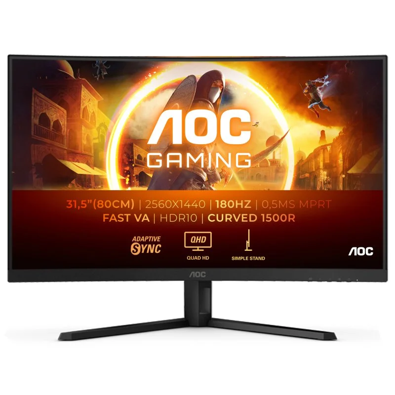 Moniteur AOC G4 31,5" incurvé 1500R LED Fast VA QHD 180 Hz HDR10 - Réponse 1 ms - Angle de vision 178° - HDMI, DisplayPort, Audio - Support VESA 100x100