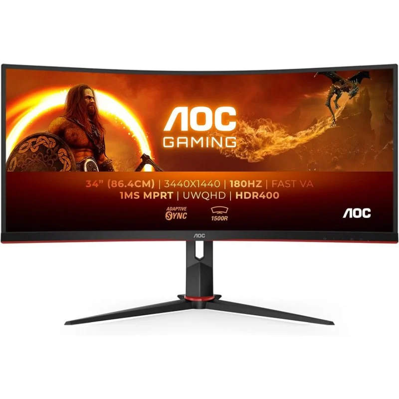 Moniteur AOC G4 34" incurvé 1500R LED VA UltraWide QHD 180 Hz - Réponse 1 ms - Angle de vision 178° - USB, HDMI, DisplayPort, Audio - Support VESA 100x100