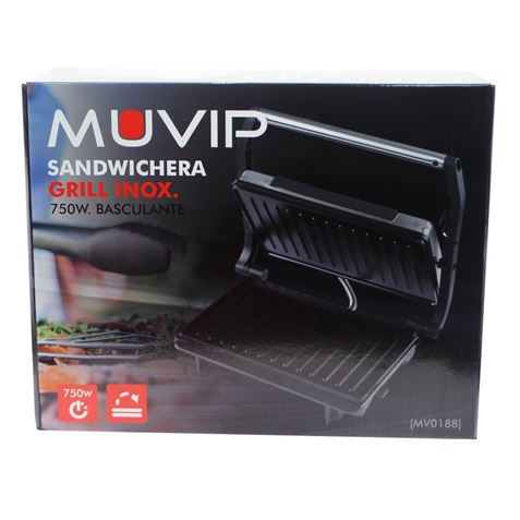 Muvip Acier Inoxydable Grill Sandwich Maker 750W - Plaque Supérieure Inclinable - Pression Uniforme - Poignée Cold Touch