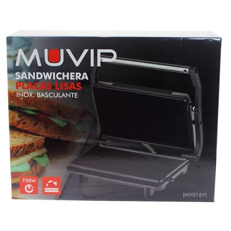 Muvip Sandwich Maker Acier Inoxydable Plaque Lisse 750W - Plaque Supérieure Inclinable - Pression Uniforme - Poignée Cold Touch