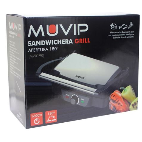 Muvip Sandwich Maker Grill 1600W - Ouverture jusqu'à 180º - Température réglable - Plateau supérieur inclinable - Poignée Cold Touch