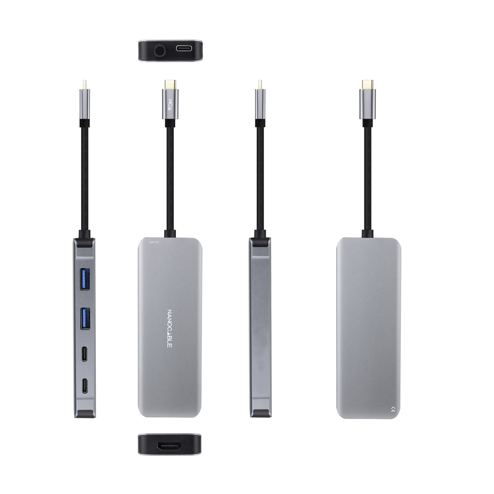 Nanocable USB-C HUB 6 en 1 - Convertisseur USB-C 3.2 GEN1 5G vers 2 x USB-A + 2 x USB-C + HDMI + USB-C PD 100W - Aluminium - 15 cm - Couleur Gris