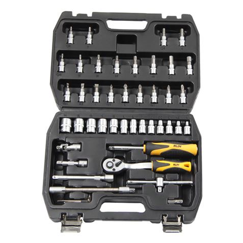 Outils Blim 1/4 - Jeu de douilles et accessoires - 13 douilles : 4, 45, 5, 55, 6, 7, 8, 9, 10, 11, 12, 13, 14 mm - Cliquet 72 dents - Barres d'extension - Joint universel - Poignée coulissante - Têtes de poignée de tournevis - Couleur noire