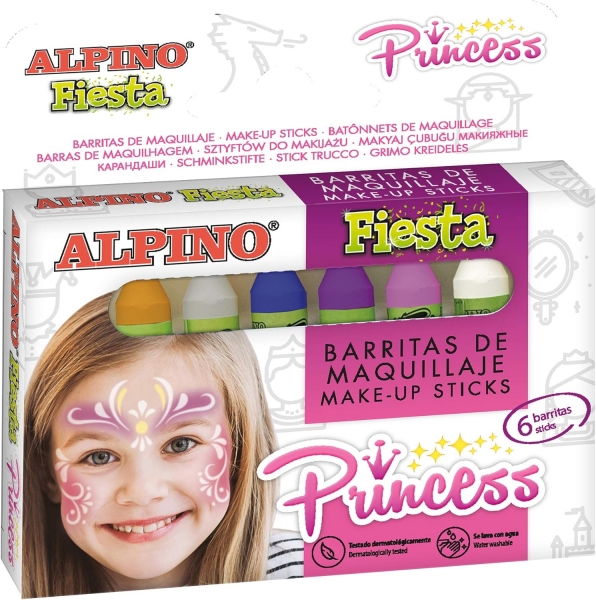 Pack de maquillage Alpino Fiesta Princess avec 6 bâtons de peinture pour le visage - Se lave à l'eau - Testé dermatologiquement