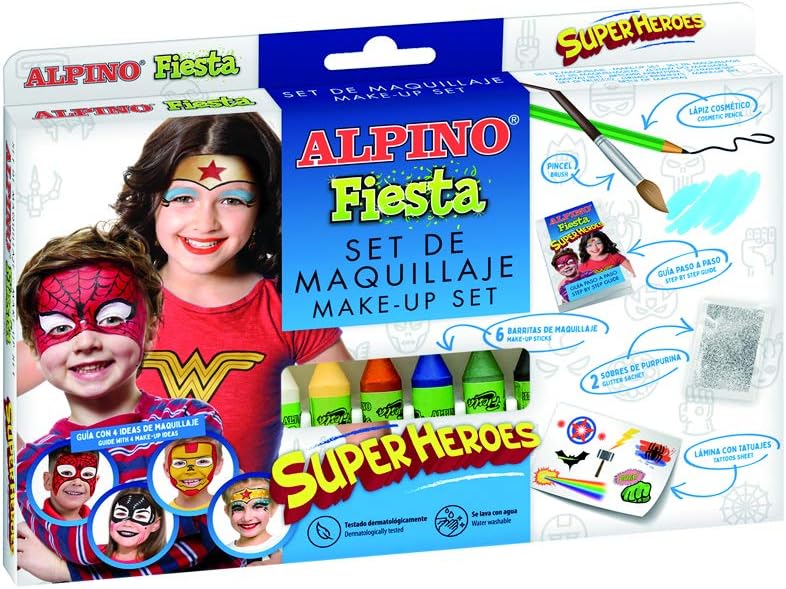 Pack de maquillage Alpino Fiesta Superheroes avec 6 bâtons de peinture pour le visage + pinceau + autocollants tatouages + stylo eye-liner et 2 enveloppes pailletées - Se lave à l'eau - Testé dermatologiquement