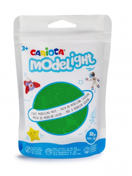 Pack Pâte à Modeler Carioca Modelight - Super Légère - Élastique - Malléable - Sèche à l'Air - Sans gâchis - Couleurs Vives - Sans Gluten - Réutilisable à l'Eau - 50gr - Couleur Vert