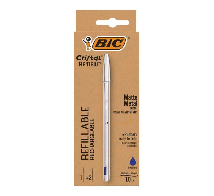 Pack Stylo Bille Rechargeable Bic Cristal Re´new + 2 Recharges - Pointe Ronde 1,0 mm - Course 0,32 mm - Encre à Base d'Huile - Corps Métallique - Couleur Bleu