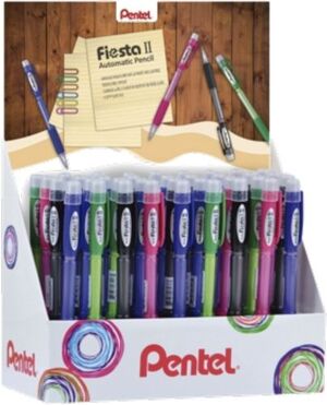 Pentel Fiesta II Présentoir de 36 porte-mines HB 0,7 mm avec caoutchouc - Comprend 2 recharges - Grip en caoutchouc - Design ergonomique - Couleurs assorties