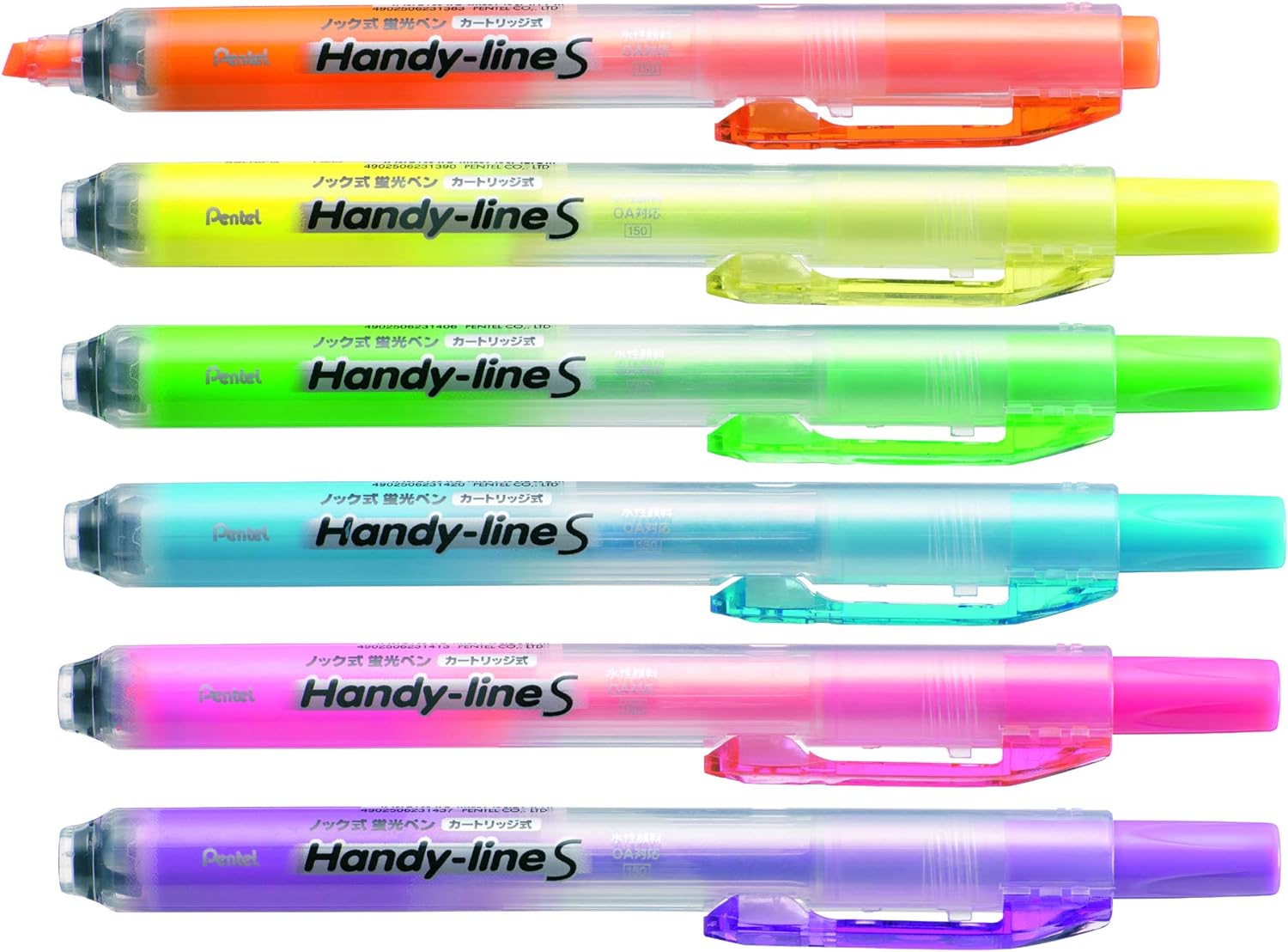 Pentel Handy Line S Pack de 6 Marqueurs Fluorescents Rétractables - Encre Liquide - Trait de 1,6 à 3 mm - Format Fin avec Clip - Couleurs Jaune, Orange, Fuchsia, Violet, Vert et Bleu