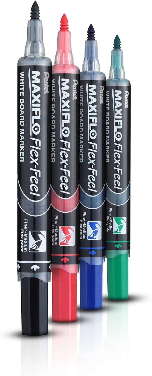 Pentel Maxiflo Flex-Feel Pack de 4 Marqueurs pour Tableau Blanc - Pointe Flexible 4,6 mm - Distribution d'encre par Piston - Couleurs Noir, Bleu, Rouge et Vert