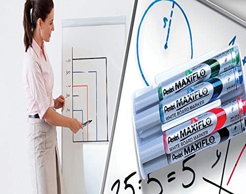 Pentel Maxiflo Pack de 4 Marqueurs Tableau Blanc + Gomme Magnétique - Pointe Bullet - Largeur de Trait 2mm - Régulation du Débit d'Encre - Couleurs Noir, Bleu, Rouge et Vert