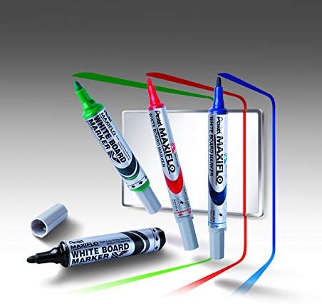 Pentel Maxiflo Pack de 4 Marqueurs Tableau Blanc + Gomme Magnétique - Pointe Bullet - Largeur de Trait 2mm - Régulation du Débit d'Encre - Couleurs Noir, Bleu, Rouge et Vert