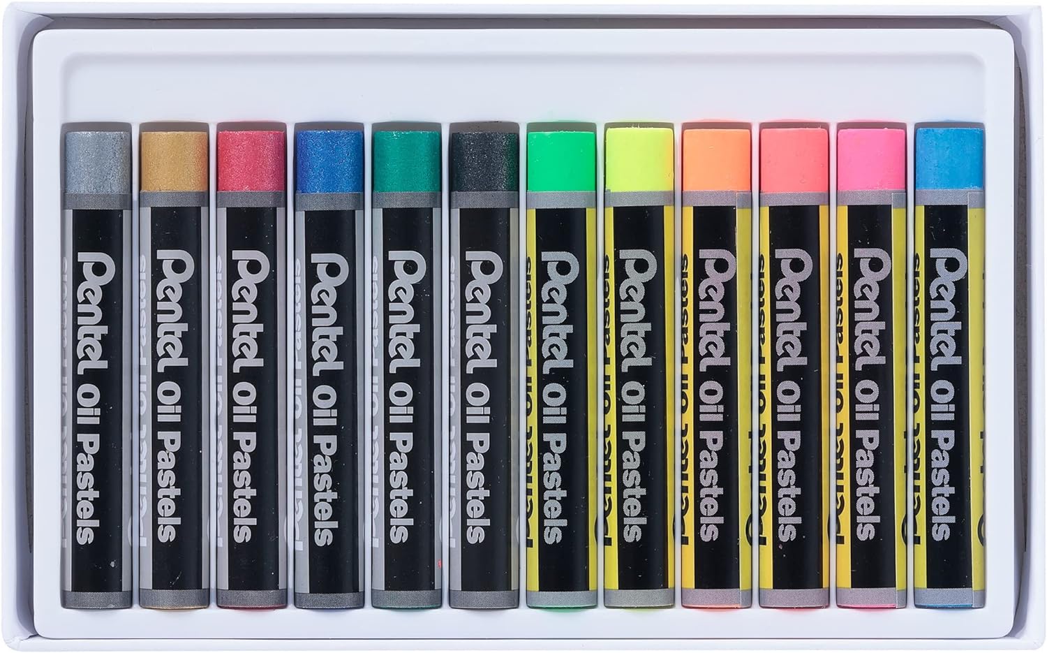 Pentel Pastels à l'huile Lot de 12 pastels à l'huile – 6 métalliques et 6 fluorescents – Doux, crémeux et séchage lent – Couleurs métalliques et fluorescentes assorties