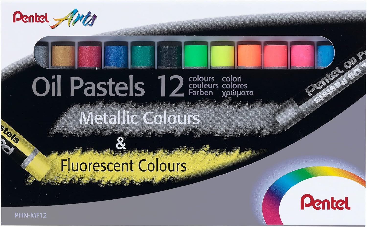 Pentel Pastels à l'huile Lot de 12 pastels à l'huile – 6 métalliques et 6 fluorescents – Doux, crémeux et séchage lent – Couleurs métalliques et fluorescentes assorties