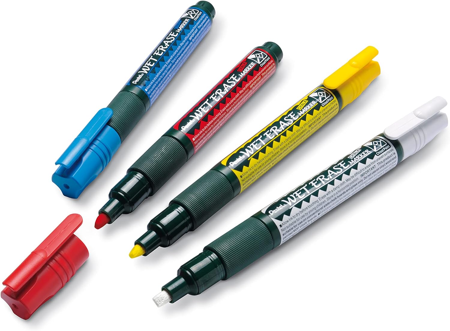 Pentel PenTools Lot de 4 marqueurs à craie liquide effaçables à l'eau – Pointe biseautée réversible 2-4 mm – Résistant aux intempéries sur verre – Couleurs blanc, bleu, jaune et rouge