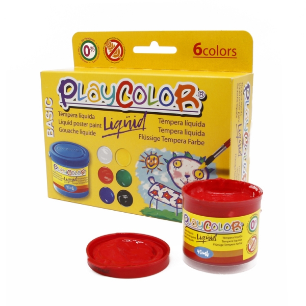 PlayColor Basic Liquide Pack de 6 Tempera 40 ml - Ne gondole pas le papier - Grande viscosité - Haute opacité - Couleurs Assorties