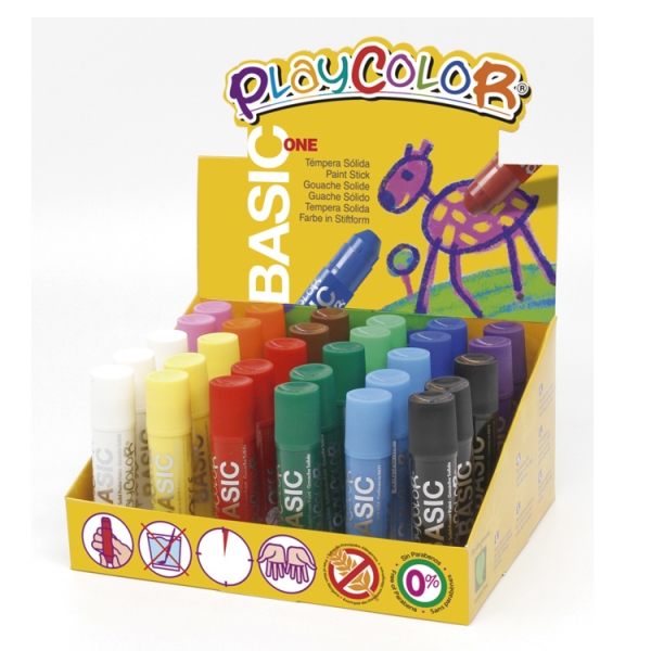 PlayColor Basic One Display de 30 couleurs unies - Elles ne froissent pas le papier - Elles n'ont pas besoin d'eau - Spéciales pour un usage scolaire - Couleurs assorties