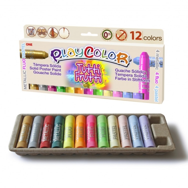 PlayColor Tuttifrutti Pack de 12 Temperas Solides - Elles ne froissent pas le papier - Elles n'ont pas besoin de vernis - Assortiment de couleurs métallisées, fluo et pastel