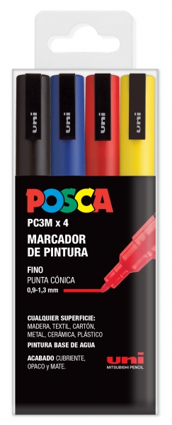 Posca PC-3M/4C Etui de 4 Marqueurs Peinture - Pointe Conique Polyester 0,9-1,3 mm - Encre à Base d'Eau - Résistant à la Lumière - Non Permanent - Inodore - Idéal pour la Signalétique et la Décoration - Couleurs Assorties