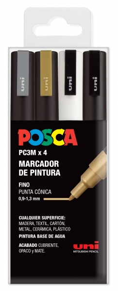 Posca PC-3M/4C Etui de 4 Marqueurs Peinture - Pointe Conique Polyester 0,9-1,3 mm - Encre à Base d'Eau - Non Permanent - Résistant à la Lumière - Inodore - Idéal pour la Signalétique et la Décoration - Couleurs Assorties