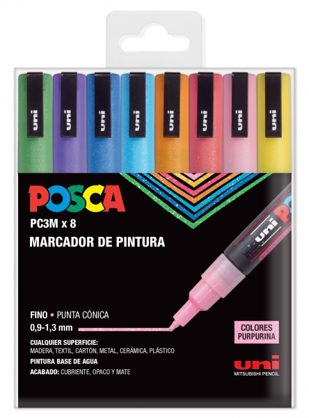 Posca PC-3M/8C Etui de 8 Marqueurs Peinture - Pointe Conique Polyester 0,9-1,3 mm - Encre à Base d'Eau - Résistant à la Lumière - Couleurs Assorties