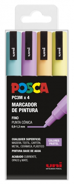 Posca PC-3M Etui de 4 Marqueurs Peinture - Pointe Conique Polyester 0,9-1,3 mm - Encre à Base d'Eau - Non Permanent - Résistant à la Lumière - Inodore - Couleurs Assorties