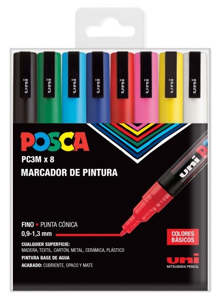 Posca PC-3M Etui de 8 Marqueurs Peinture - Pointe Conique Polyester 0,9-1,3 mm - Encre à Base d'Eau - Non Permanent - Résistant à la Lumière - Inodore - Lavable - Couleurs Assorties