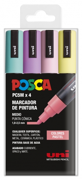 Posca PC-5M/4C Étui de 4 marqueurs peinture - Pointe ogive 1,8-2,5 mm - À base d'eau - Non permanent - Résistant à la lumière - Idéal pour la signalétique et la décoration - Couleurs assorties