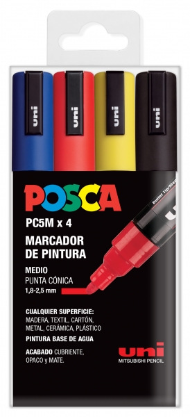 Posca PC-5M/4C Étui de 4 marqueurs peinture - Pointe ogive 1,8-2,5 mm - Encre à base d'eau - Non permanent - Résistant à la lumière - Couleurs assorties