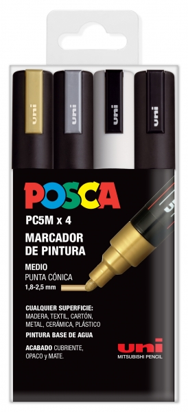 Posca PC-5M/4C Étui de 4 marqueurs peinture - Pointe ogive 1,8-2,5 mm - Encre à base d'eau - Non permanent - Résistant à la lumière - Idéal pour la signalétique et la décoration - Couleurs assorties