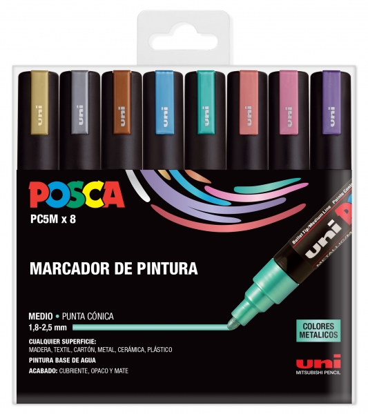 Posca PC-5M/8C Étui de 8 marqueurs peinture - Pointe ogive 1,8-2,5 mm - Encre à base d'eau - Résistant à la lumière - Non permanent - Couleurs assorties