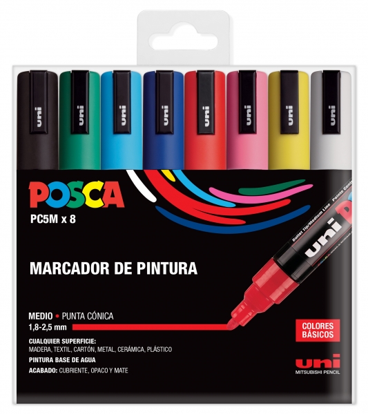 Posca PC-5M/8C Etui de 8 Marqueurs Peinture - Pointe Polyester 1,8-2,5 mm - Encre à Base d'Eau - Résistant à la Lumière - Non Permanent - Couleurs Assorties