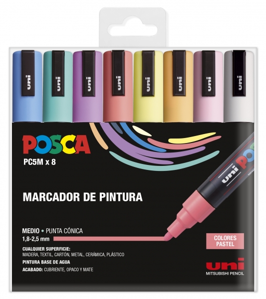 Posca PC-5M/8C Etui de 8 Marqueurs Peinture - Pointe Polyester 1,8-2,5 mm - Encre à Base d'Eau - Résistant à la Lumière - Non Permanent - Couleurs Assorties