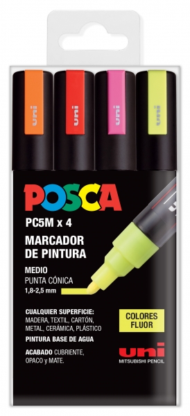 Posca PC-5M Étui de 4 marqueurs peinture - Pointe ogive 1,8-2,5 mm - Encre à base d'eau - Résistant à la lumière - Non permanent - Couleurs assorties