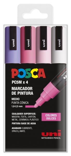 Posca PC-5M Étui de 4 marqueurs peinture - Pointe ogive 1,8-2,5 mm - Encre à base d'eau - Résistant à la lumière - Couleurs assorties