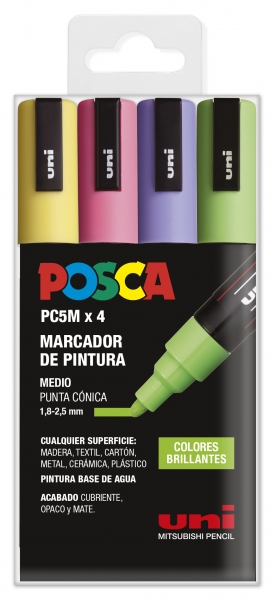 Posca PC-5M Étui de 4 marqueurs peinture - Pointe ogive 1,8-2,5 mm - Encre à base d'eau - Résistant à la lumière - Couleurs assorties