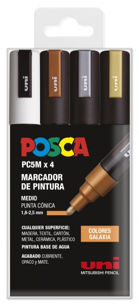 Posca PC-5M Étui de 4 marqueurs peinture - Pointe ogive 1,8-2,5 mm - Encre à base d'eau - Résistant à la lumière - Couleurs assorties