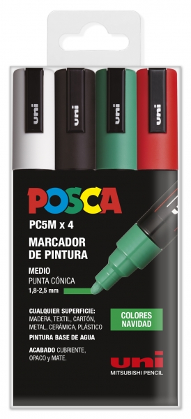 Posca PC-5M Étui de 4 marqueurs peinture - Pointe ogive 1,8-2,5 mm - Encre à base d'eau - Résistant à la lumière - Couleurs assorties